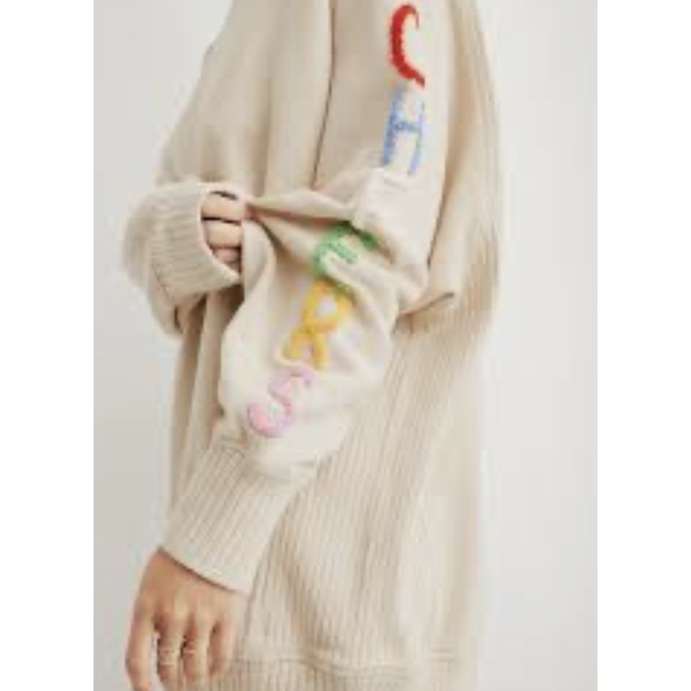 Aerie Oversized Crewneck Sweatshirt Medium Beige Rainbow‎ "Cheers" Sleeve Lounge